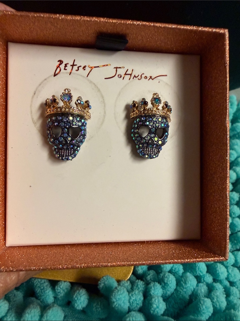 Betsey Johnson Blue Iridescent Crown Skull Stud Earrings